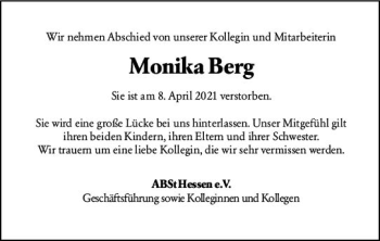 Traueranzeige von Monika Berg von vrm-trauer