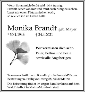 Traueranzeige von Monika Brandt von vrm-trauer