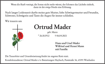 Traueranzeige von Ortrud Mader von vrm-trauer