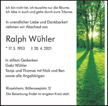 Traueranzeige von Ralph Wühler von vrm-trauer
