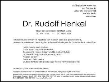 Traueranzeige von Rudolf Henkel von vrm-trauer