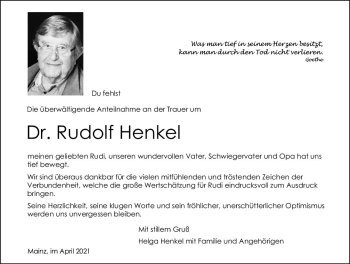 Traueranzeige von Rudolf Henkel von vrm-trauer