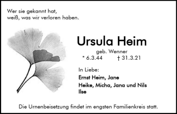 Traueranzeige von Ursula Heim von vrm-trauer