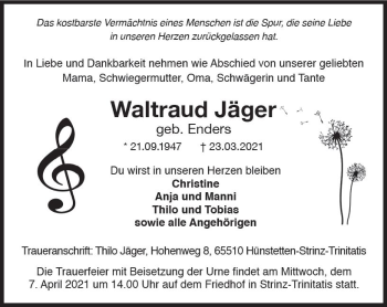 Traueranzeige von Waltraud Jäger von vrm-trauer