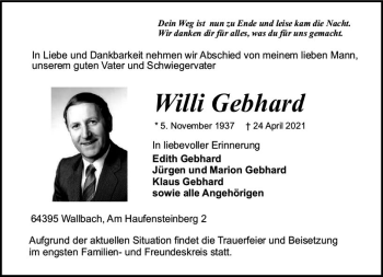 Traueranzeige von Willi Gebhard von vrm-trauer
