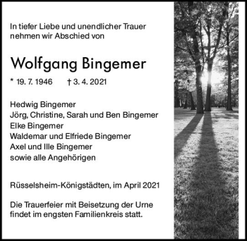 Traueranzeige von Wolfgang Bingemer von vrm-trauer