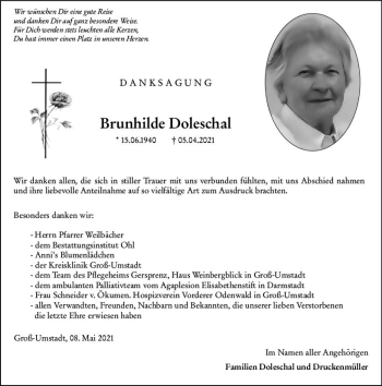 Traueranzeige von Brunhilde Doleschal von vrm-trauer