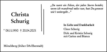 Traueranzeige von Christa Schurig von vrm-trauer