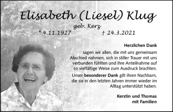 Traueranzeige von Elisabeth Klug von vrm-trauer