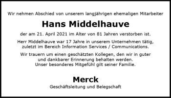 Traueranzeige von Hans Middelhauve von vrm-trauer