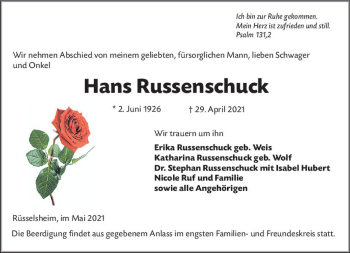 Traueranzeige von Hans Russenschuck von vrm-trauer