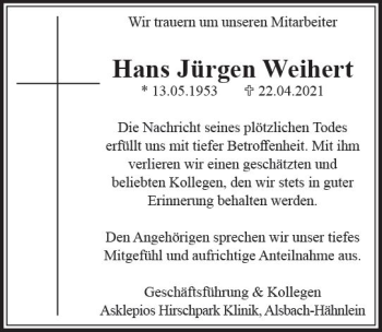 Traueranzeige von Hans Jürgen Weihert von vrm-trauer