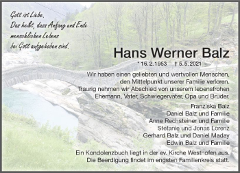 Traueranzeige von Hans Werner Balz von vrm-trauer