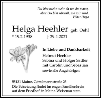 Traueranzeige von Helga Heehler von vrm-trauer