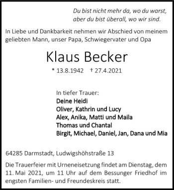 Traueranzeige von Klaus Becker von vrm-trauer