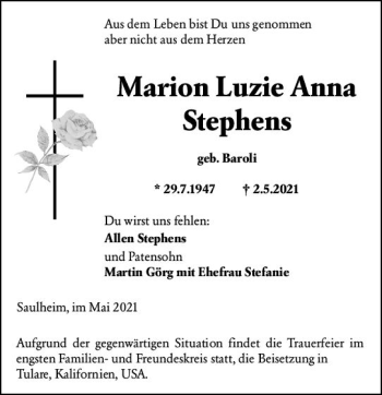 Traueranzeige von Marion Luzie Anna Stephens von vrm-trauer