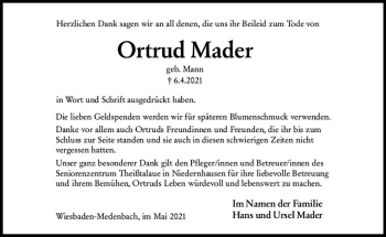 Traueranzeige von Ortrud Mader von vrm-trauer