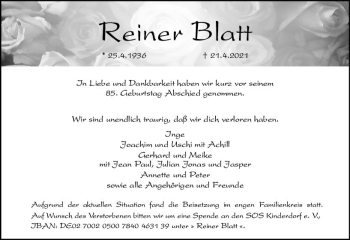 Traueranzeige von Reiner Blatt von vrm-trauer