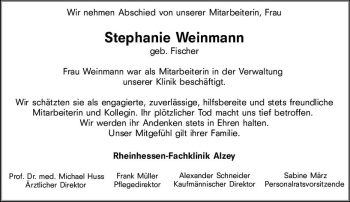 Traueranzeige von Stephanie Weinmann von vrm-trauer