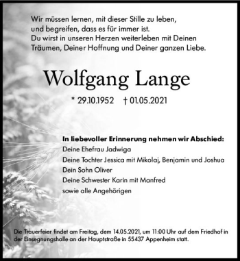 Traueranzeige von Wolfgang Lange von vrm-trauer