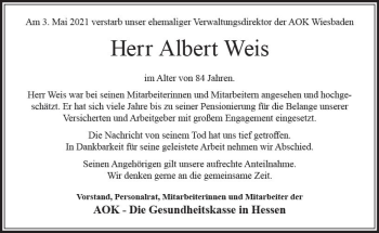 Traueranzeige von Albert Weis von vrm-trauer