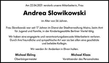 Traueranzeige von Andrea Slowikowski von vrm-trauer