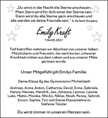 Traueranzeige von Emily Kraft von vrm-trauer