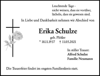 Traueranzeige von Erika Schulze von vrm-trauer