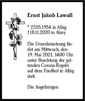Traueranzeige von Ernst Jakob Lawall von vrm-trauer