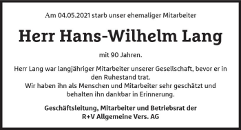 Traueranzeige von Hans-Wilhelm Lang von vrm-trauer