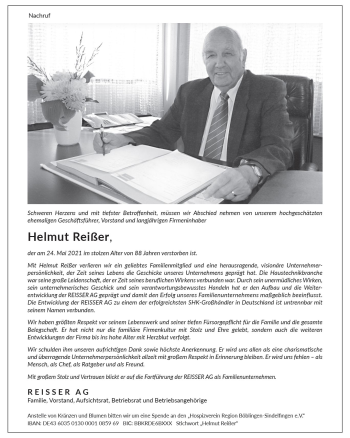 Traueranzeige von Helmut Reißer von vrm-trauer