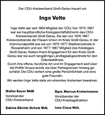 Traueranzeige von Inge Velte von vrm-trauer
