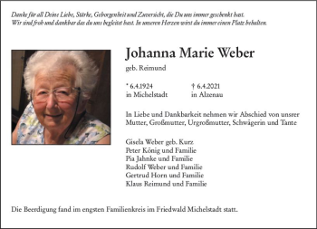 Traueranzeige von Johanna Marie Weber von vrm-trauer
