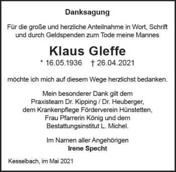 Traueranzeige von Klaus Gleffe von vrm-trauer