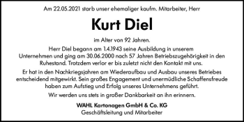 Traueranzeige von Kurt Diel von vrm-trauer