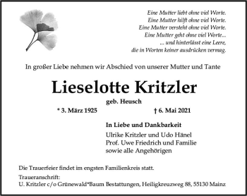 Traueranzeige von Lieselotte Kritzler von vrm-trauer
