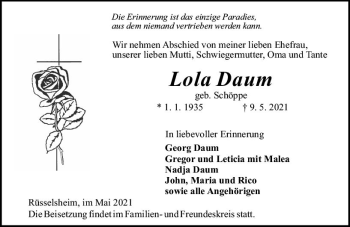 Traueranzeige von Lola Daum von vrm-trauer