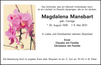 Traueranzeige von Magdalena Mansbart von vrm-trauer
