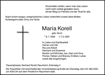 Traueranzeige von Maria Korell von vrm-trauer