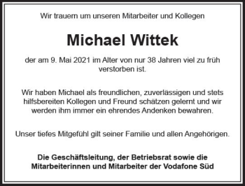 Traueranzeige von Michael Wittek von vrm-trauer