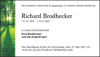 Traueranzeige von Richard Brodhecker von vrm-trauer