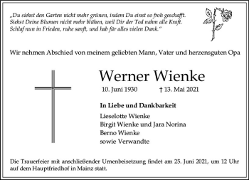 Traueranzeige von Werner Wienke von vrm-trauer