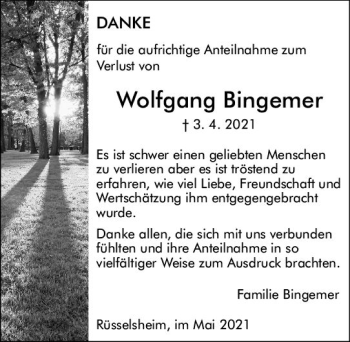 Traueranzeige von Wolfgang Bingemer von vrm-trauer