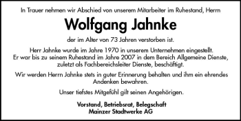 Traueranzeige von Wolfgang Jahnke von vrm-trauer