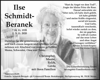 Traueranzeige von Ilse Schmidt-Beranek von VRM Tageszeitungen