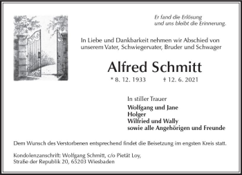 Traueranzeige von Alfred Schmitt von vrm-trauer