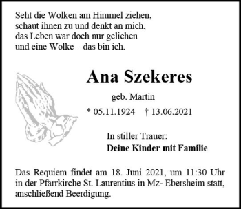 Traueranzeige von Ana Szekeres von vrm-trauer