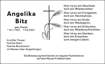 Traueranzeige von Angelika Bitz von vrm-trauer