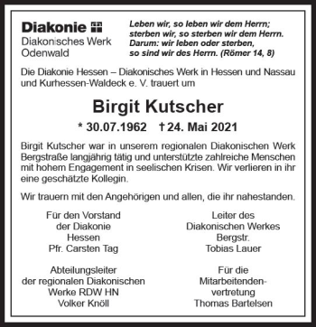 Traueranzeige von Birgit Kutscher von vrm-trauer