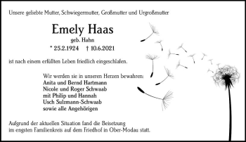 Traueranzeige von Emely Haas von vrm-trauer